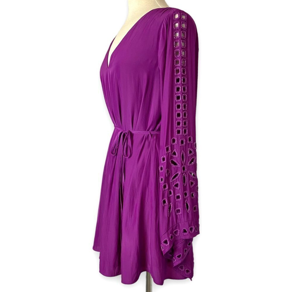Ramy Brook Eyelet Molly Pink Purple Long Bell Sleeve Mini Dress, Beaded, Sz XS - Picture 7 of 11